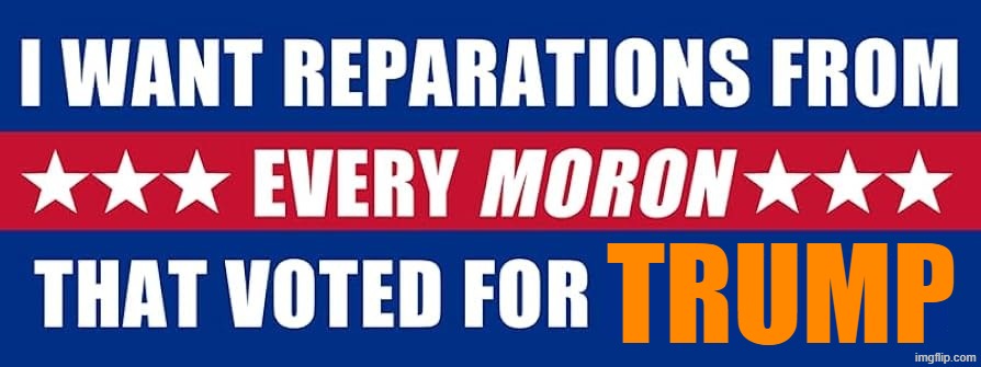 REPARATIONS | TRUMP | image tagged in political humor,moron,morons,trump is a moron,oxymoron,memes | made w/ Imgflip meme maker