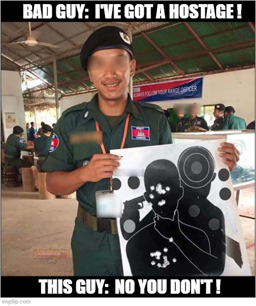 The Art Of Negotiation ! | Bad Guy:  I've Got A Hostage ! This Guy:  No You Don't ! | image tagged in target practice,negotiation,fail | made w/ Imgflip meme maker