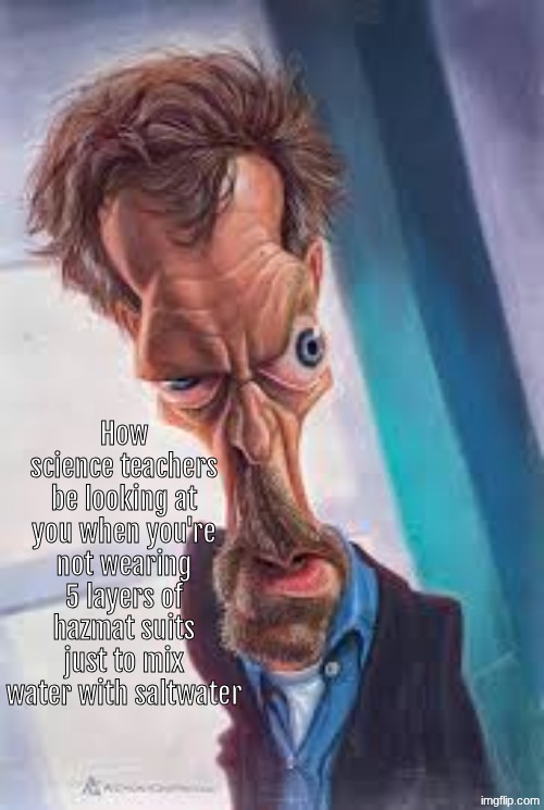 How science teachers be looking at you when you're not wearing 5 layers of hazmat suits just to mix water with saltwater | made w/ Imgflip meme maker