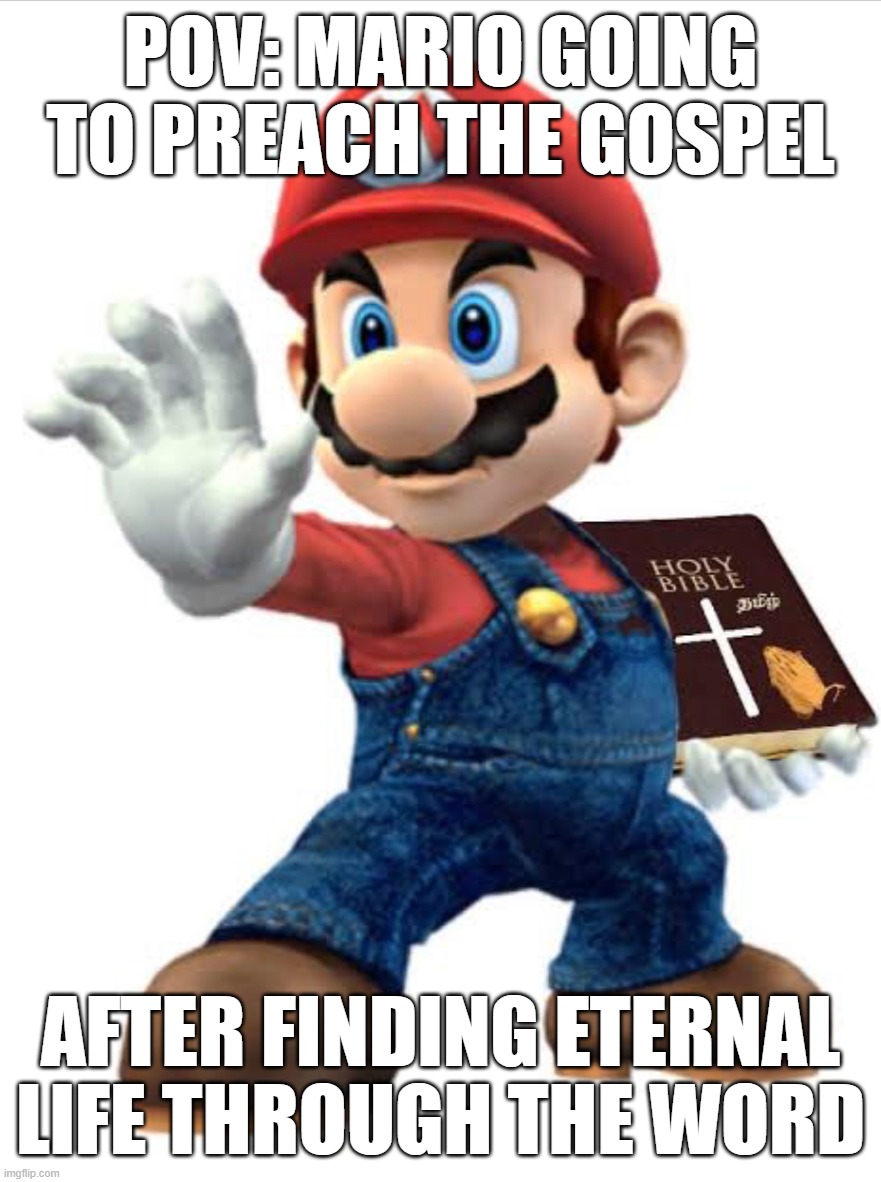 Mario finds Eternal Life | pov: mario going to preach the gospel; after finding eternal life through the word | image tagged in holy bible mario | made w/ Imgflip meme maker