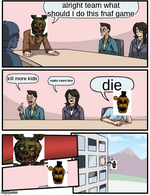 Boardroom Meeting Suggestion | alright team what should I do this fnaf game; kill more kids; make more lore; die | image tagged in memes,boardroom meeting suggestion | made w/ Imgflip meme maker