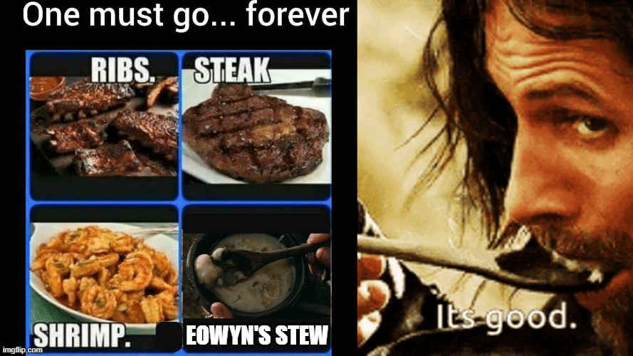 One Must Go... I know which one I'd choose... | Eowyn's Stew | image tagged in eowynsstew,lord of the rings,lotr,funny memes,shawnljohnson,onemustgo | made w/ Imgflip meme maker
