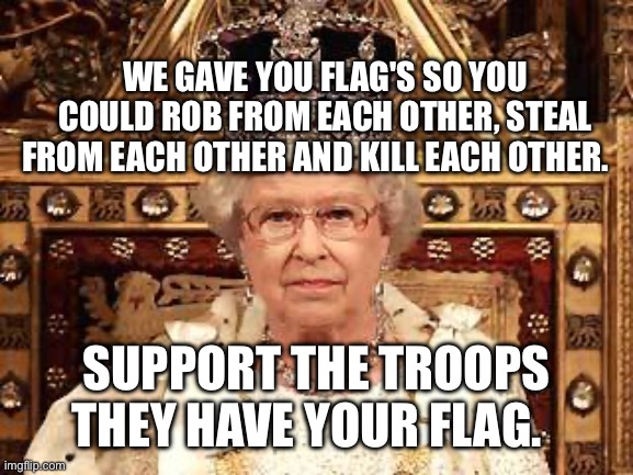 Queen of England | We gave you flag's so you could rob from each other, steal from each other and kill each other. Support the troops they have your flag. | image tagged in queen of england | made w/ Imgflip meme maker