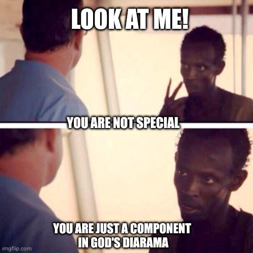 Captain Phillips - I'm The Captain Now | Look at me! You are not special; You are just a component 
In God's diarama | image tagged in memes,captain phillips - i'm the captain now | made w/ Imgflip meme maker