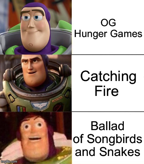 Hunger Games y’all | OG Hunger Games; Catching Fire; Ballad of Songbirds and Snakes | image tagged in better best blurst lightyear edition,hunger games,accurate | made w/ Imgflip meme maker