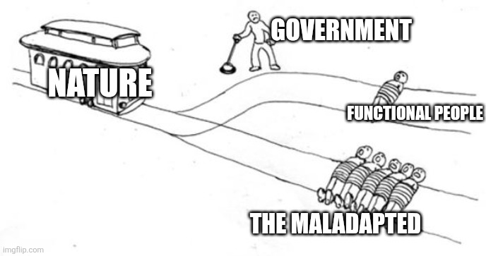 No one should get the lever | Government; Nature; Functional people; The maladapted | image tagged in trolley problem,government | made w/ Imgflip meme maker