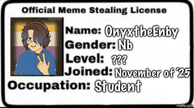 My official meme stealing license! | OnyxtheEnby; Nb; ??? November of ‘25; Student | image tagged in meme stealing license | made w/ Imgflip meme maker