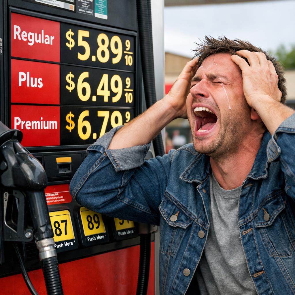 A person looking a gas pump crying and yelling at how high the p Blank Meme Template