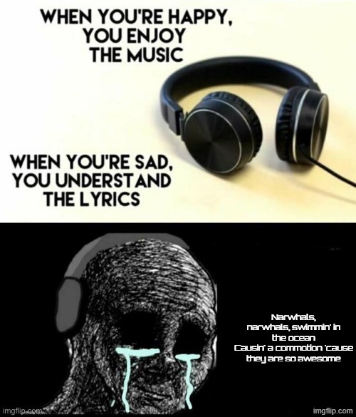 When your sad you understand the lyrics | Narwhals, narwhals, swimmin' in the ocean
Causin' a commotion 'cause they are so awesome | image tagged in when your sad you understand the lyrics | made w/ Imgflip meme maker