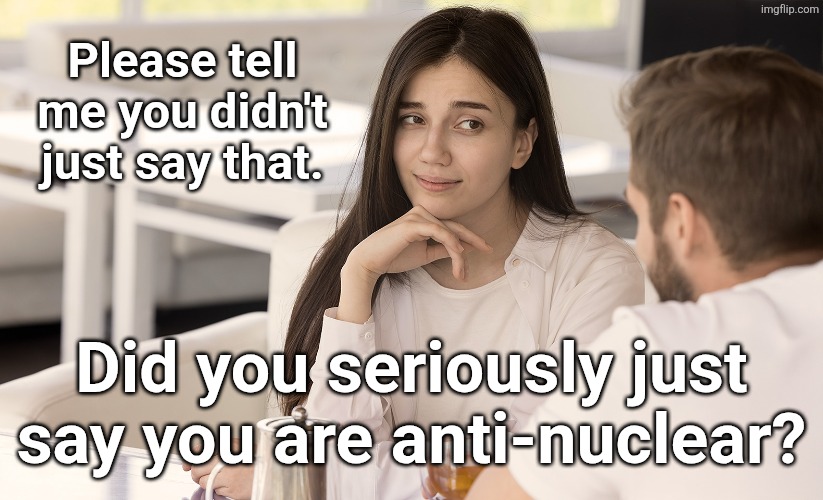 Cringe | Please tell me you didn't just say that. Did you seriously just say you are anti-nuclear? | image tagged in fremdscham-cringe jpg | made w/ Imgflip meme maker