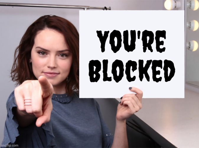 Daisy Ridley with a blank sign pointing at you (tilt corrected) | You're
Blocked | image tagged in daisy ridley with a blank sign pointing at you tilt corrected | made w/ Imgflip meme maker