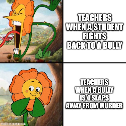 angry flower | Teachers when a student fights back to a bully; Teachers when a bully is 4 slaps away from murder | image tagged in angry flower | made w/ Imgflip meme maker