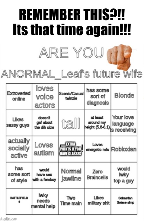 ANORMAL_Leaf's wife bingo | REMEMBER THIS?!! Its that time again!!! | image tagged in anormal_leaf's wife bingo | made w/ Imgflip meme maker
