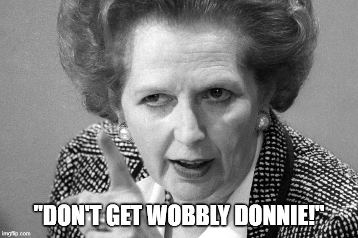 Margaret Thatcher to Trump | "don't get wobbly donnie!" | image tagged in margaret thatcher | made w/ Imgflip meme maker