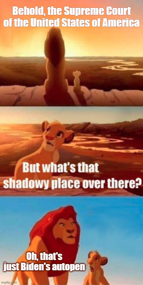 Simba Shadowy Place Meme | Behold, the Supreme Court of the United States of America; Oh, that's just Biden's autopen | image tagged in memes,simba shadowy place | made w/ Imgflip meme maker