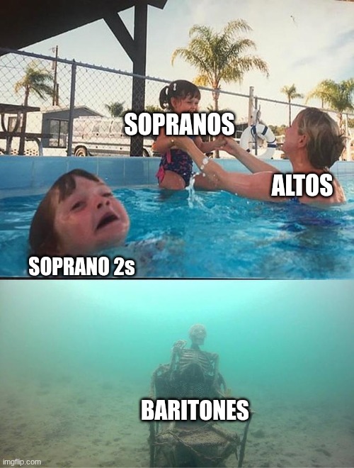 Choir and Band go hand-in-hand | Sopranos; Altos; SOPRANO 2s; Baritones | image tagged in sinking skeleton,remix | made w/ Imgflip meme maker