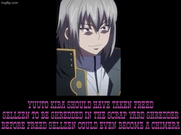 A way better ending and defeat for a hate sink (warning: never try this in real life!) | Yuuto Kiba should have taken freed Sellzen to be shredded in the scrap yard shredder before freed sellzen could even become a chimera | image tagged in highschool dxd,anime,manga,dxd,high school dxd,ending | made w/ Imgflip meme maker
