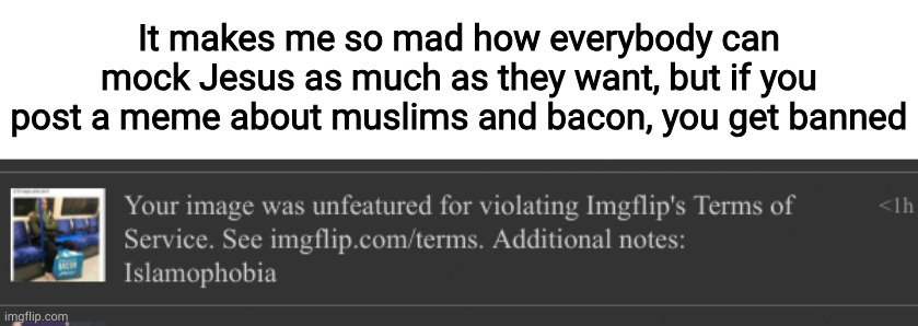 It makes me so mad how everybody can mock Jesus as much as they want, but if you post a meme about muslims and bacon, you get banned | made w/ Imgflip meme maker