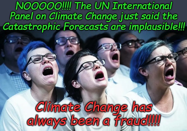 I kind of thought people would be happy about the news, except for the fraudulent "researchers" of course. End of a cash cow. | NOOOOO!!!! The UN International Panel on Climate Change just said the Catastrophic Forecasts are implausible!!! Climate Change has always been a fraud!!!! | image tagged in singing and whining | made w/ Imgflip meme maker