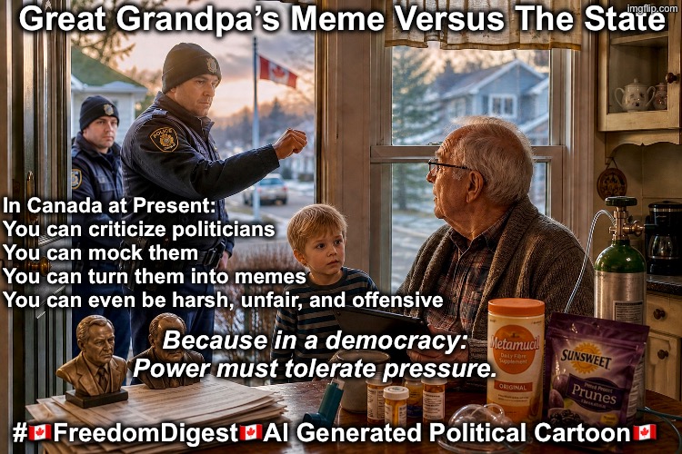 Censorship & Grandpa | Great Grandpa’s Meme Versus The State; In Canada at Present:
You can criticize politicians
You can mock them
You can turn them into memes
You can even be harsh, unfair, and offensive; Because in a democracy:

Power must tolerate pressure. #🇨🇦FreedomDigest🇨🇦Al Generated Political Cartoon🇨🇦 | image tagged in canadian politics | made w/ Imgflip meme maker