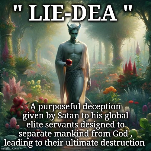 New World Order | " Lie-dea "; A purposeful deception given by Satan to his global elite servants designed to separate mankind from God , leading to their ultimate destruction | image tagged in lucifer-in-the-garden-of-eden-v0-9ccr4o936epc1 jpeg | made w/ Imgflip meme maker