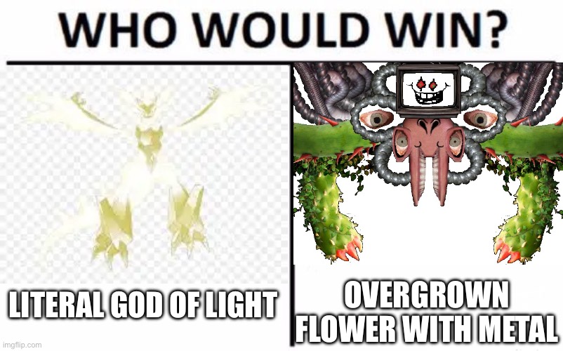 Who Would Win? | Literal god of light; Overgrown flower with metal | image tagged in memes,who would win,pokemon sun and moon,undertale,omega flowey | made w/ Imgflip meme maker