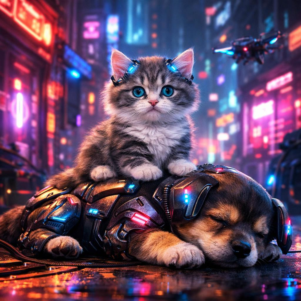Cute kitten sitting on a puppy Blank Meme Template