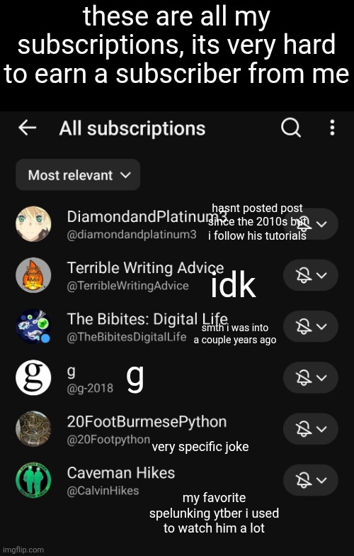 these are all my subscriptions, its very hard to earn a subscriber from me; hasnt posted post since the 2010s but i follow his tutorials; idk; g; smth i was into a couple years ago; very specific joke; my favorite spelunking ytber i used to watch him a lot | made w/ Imgflip meme maker