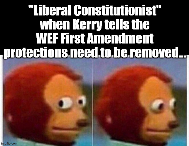 dems are not hiding they want to trash the Constitution | "Liberal Constitutionist" when Kerry tells the WEF First Amendment protections need to be removed... | image tagged in kerry,first amendment,in the way for dem control | made w/ Imgflip meme maker