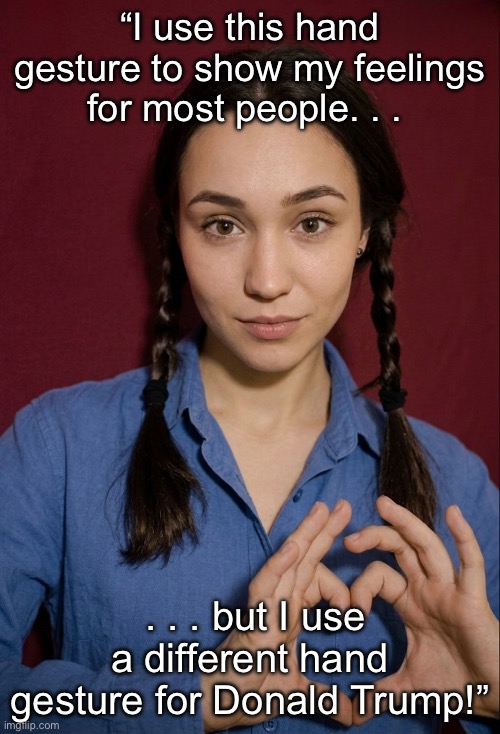 Hand Gestures | “I use this hand gesture to show my feelings for most people. . . . . . but I use a different hand gesture for Donald Trump!” | image tagged in love hand gesture,hand gesture for trump,i hate donald trump,trump sucks | made w/ Imgflip meme maker