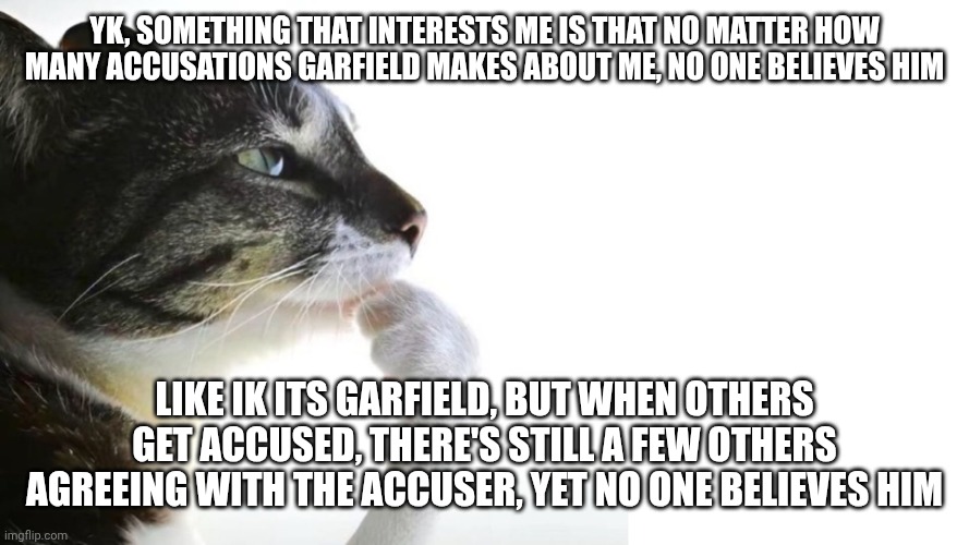 What do yall think? | Yk, something that interests me is that no matter how many accusations Garfield makes about me, no one believes him; Like ik its Garfield, but when others get accused, there's still a few others agreeing with the accuser, yet no one believes him | image tagged in thinker | made w/ Imgflip meme maker