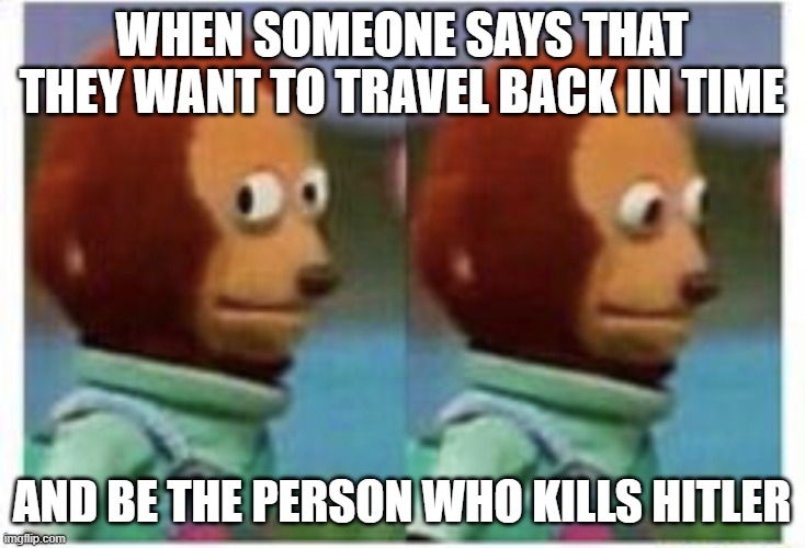 side eye teddy | when someone says that they want to travel back in time; and be the person who kills hitler | image tagged in side eye teddy | made w/ Imgflip meme maker
