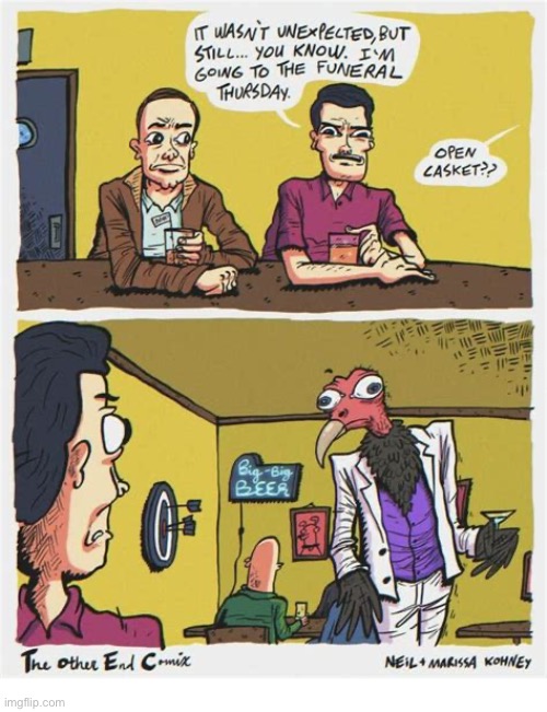 The Other End | image tagged in comics,the other end,bar,funeral,open casket,vulture | made w/ Imgflip meme maker