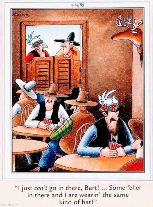 What were the odds of that happening? | image tagged in the far side,comics,old west,saloon,cant go in,the same hat | made w/ Imgflip meme maker