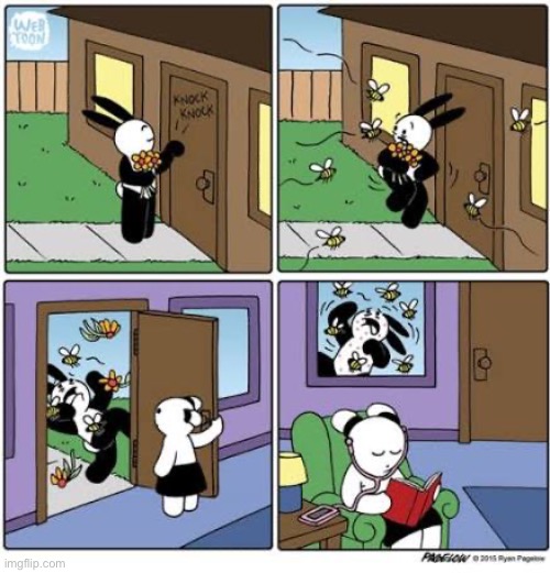 Buni Comics | image tagged in comics,buni comics,flowers,bees,girl,stinging | made w/ Imgflip meme maker