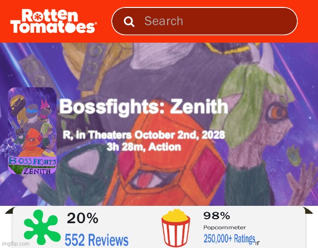 The Theatrical version is 208 minutes, the extended edition is 300 minutes long. | Bossfights: Zenith; R, in Theaters October 2nd, 2028
3h 28m, Action | made w/ Imgflip meme maker