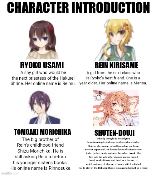 Blank White Template | Character Introduction; Rein Kirisame; Ryoko Usami; A girl from the next class who is Ryoko's best friend. She is a year older. Her online name is Marisa. A shy girl who would be the next priestess of the Hakurei Shrine. Her online name is Reimu. Shuten-douji; Tomoaki Morichika; Initially thought to be a figure born from Ryoko's dream as the shrine maiden Reimu, she was an actual legendary oni from ancient Japan and the former lover of Minamoto no Raiko before he decapitated her when drunk. She fled into the wild after digging up her buried head in a kubizuka and lived as a hermit. A weird instance of sharing a dream with Ryoko led her to stay at the Hakurei Shrine, disguising herself as a maid. The big brother of Rein's childhood friend Shizu Morichika. He is still asking Rein to return his younger sister's books. His online name is Rinnosuke. | image tagged in memes,character,intro | made w/ Imgflip meme maker