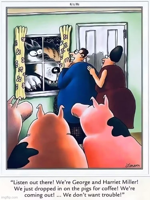 They picked the wrong time to come over… | image tagged in the far side,comics,three little pigs,big bad wolf,guests,we dont want any trouble | made w/ Imgflip meme maker