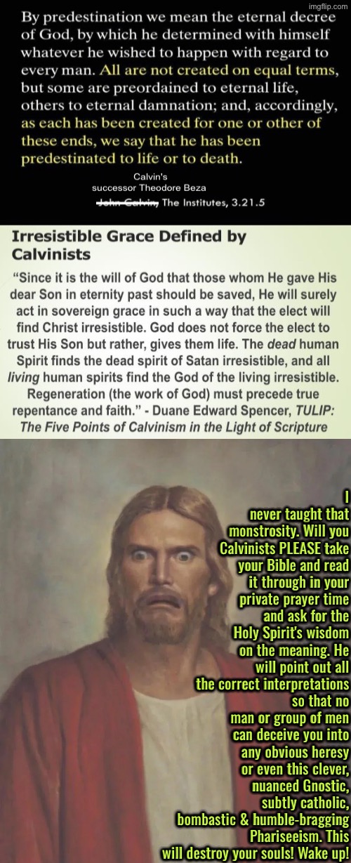 I Didn't Teach This Monstrosity | I never taught that monstrosity. Will you Calvinists PLEASE take your Bible and read it through in your private prayer time and ask for the Holy Spirit's wisdom on the meaning. He will point out all the correct interpretations so that no man or group of men can deceive you into any obvious heresy or even this clever, nuanced Gnostic, subtly catholic, bombastic & humble-bragging Phariseeism. This will destroy your souls! Wake up! | image tagged in calvinism,calvinist memes,jesus says,reformed theology,cult,heresy | made w/ Imgflip meme maker