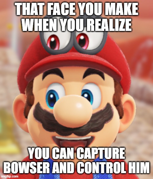 Super Mario Odyssey reference | that face you make
when you realize; you can capture bowser and control him | made w/ Imgflip meme maker