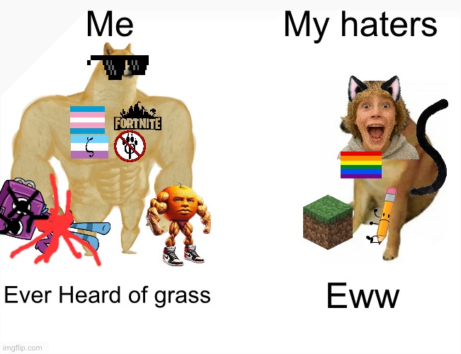 Me VS MY HATERS | Me; My haters; Ever Heard of grass; Eww | image tagged in memes,buff doge vs cheems,funny,treasure vs trash,67,anti furry | made w/ Imgflip meme maker