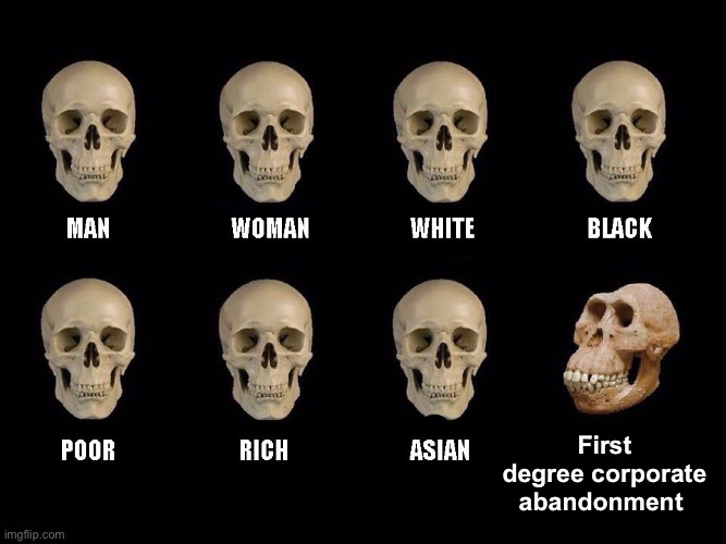 empty skulls of truth | First degree corporate abandonment | image tagged in empty skulls of truth,politics lol,memes,stupid people | made w/ Imgflip meme maker
