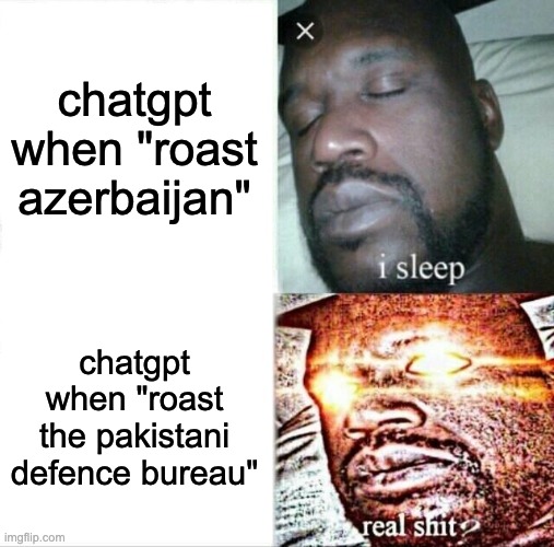 the pakistani defence bureau is fictional, btw | chatgpt when "roast azerbaijan"; chatgpt when "roast the pakistani defence bureau" | image tagged in memes,sleeping shaq | made w/ Imgflip meme maker
