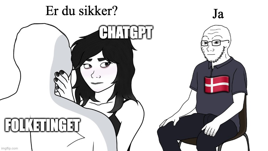 Wojak cuck | Er du sikker? Ja; chatgpt; 🇩🇰; Folketinget | image tagged in wojak cuck,remix | made w/ Imgflip meme maker