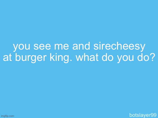 botslayer announcement temp | you see me and sirecheesy at burger king. what do you do? | image tagged in botslayer announcement temp | made w/ Imgflip meme maker