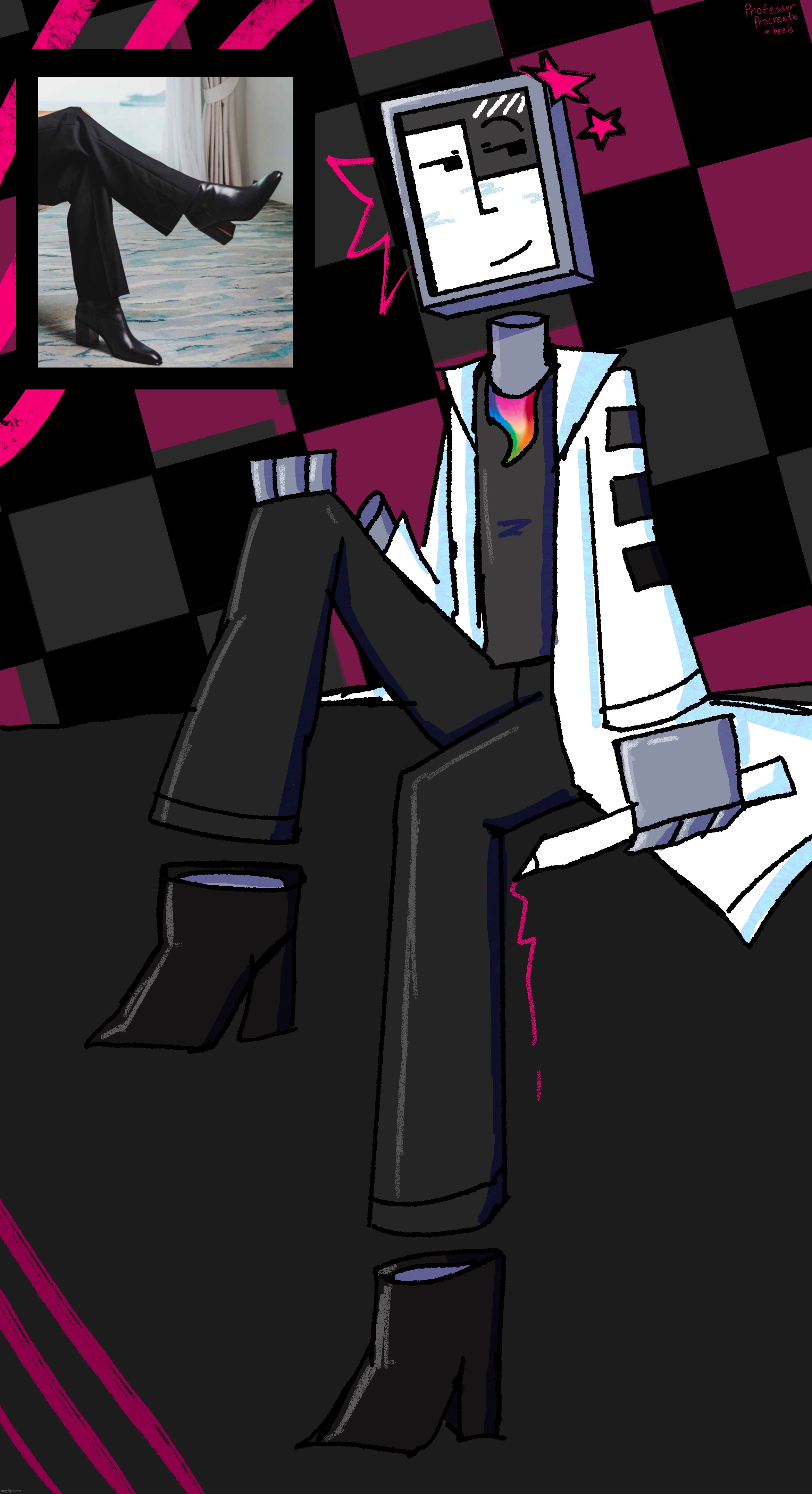 I DREW HIM IN HEELS | image tagged in professor procreate,heels | made w/ Imgflip meme maker