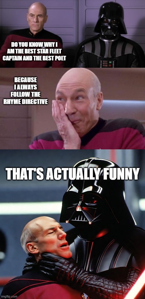 Rhyme Directive | Do you know why i am the best star fleet captain and the best poet; Because I always follow the Rhyme directive; That's actually funny | image tagged in picard vader,picard oops,vader picard | made w/ Imgflip meme maker