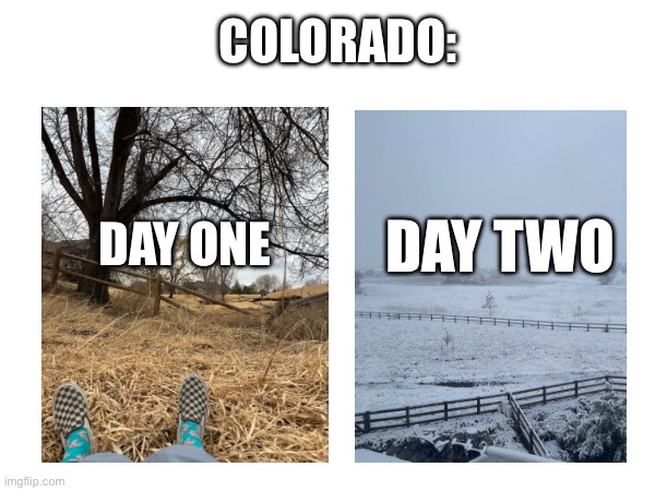 Colorado | Colorado:; Day One; Day Two | image tagged in send help,colorado,snow day | made w/ Imgflip meme maker