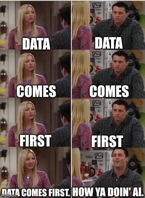 Data Comes First | data; data; comes; comes; first; first; How ya doin' AI. Data comes first. | image tagged in joey learns french | made w/ Imgflip meme maker