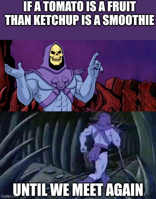 Think about it | If a tomato is a fruit than ketchup is a smoothie; UNTIL WE MEET AGAIN | image tagged in he man skeleton advices,memes,funny | made w/ Imgflip meme maker